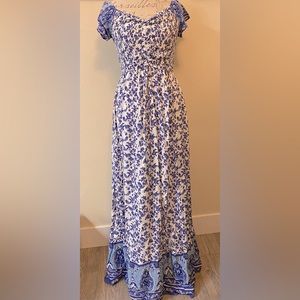 L Dress Day blue/white convertible shoulder dress floor length NWOT